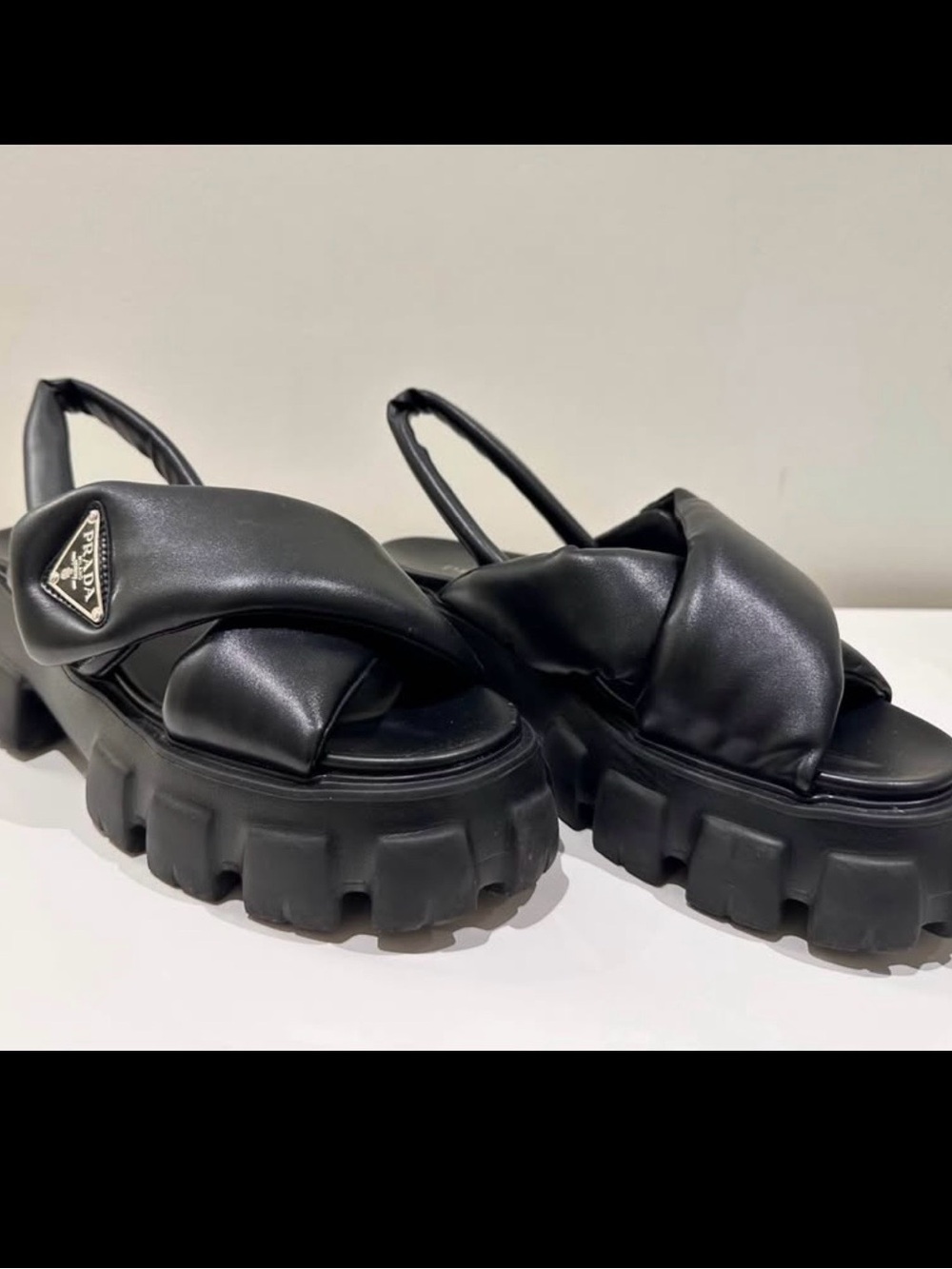 Prada Black Padded Leather Platform Slingback Sandals with Logo Plaque